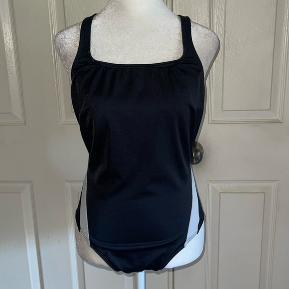 Lands’ End Black And Gray Racerback Swimsuit - Picture 1 of 5